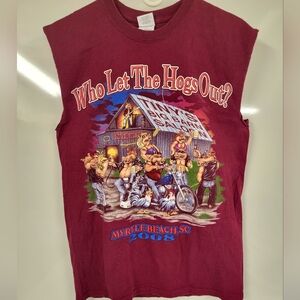 Who Let The Hogs Out Motorcycle Tee Myrtle Beach Maroon Sleeveless Shirt, Medium